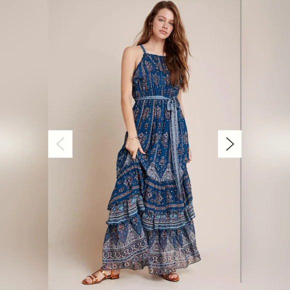 Anthropologie Sasha Ruffled Blue Maxi Dress SZ S - Picture 1 of 7